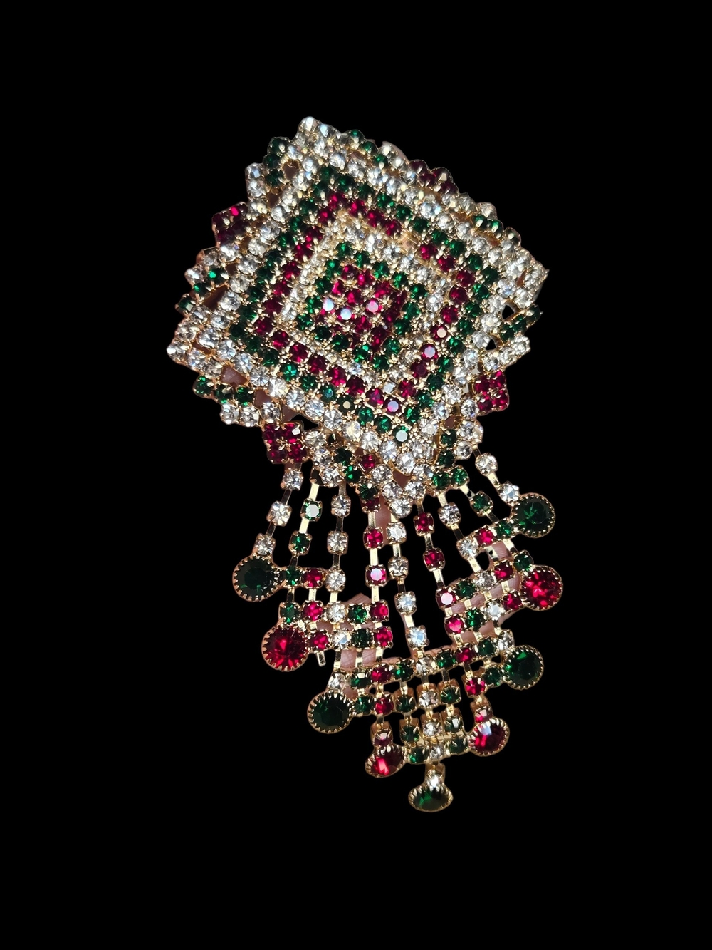 4" Green, Red and Clear Waterfall Brooch